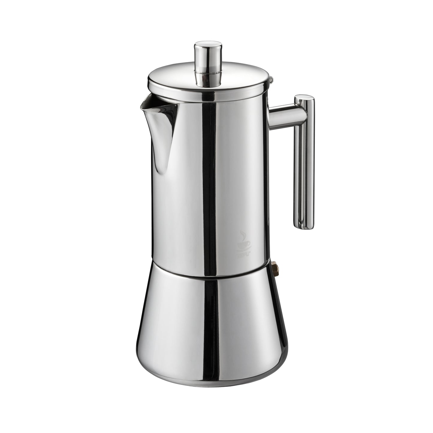 Stainless steel stovetop espresso maker with spout, side handle, and central steam knob