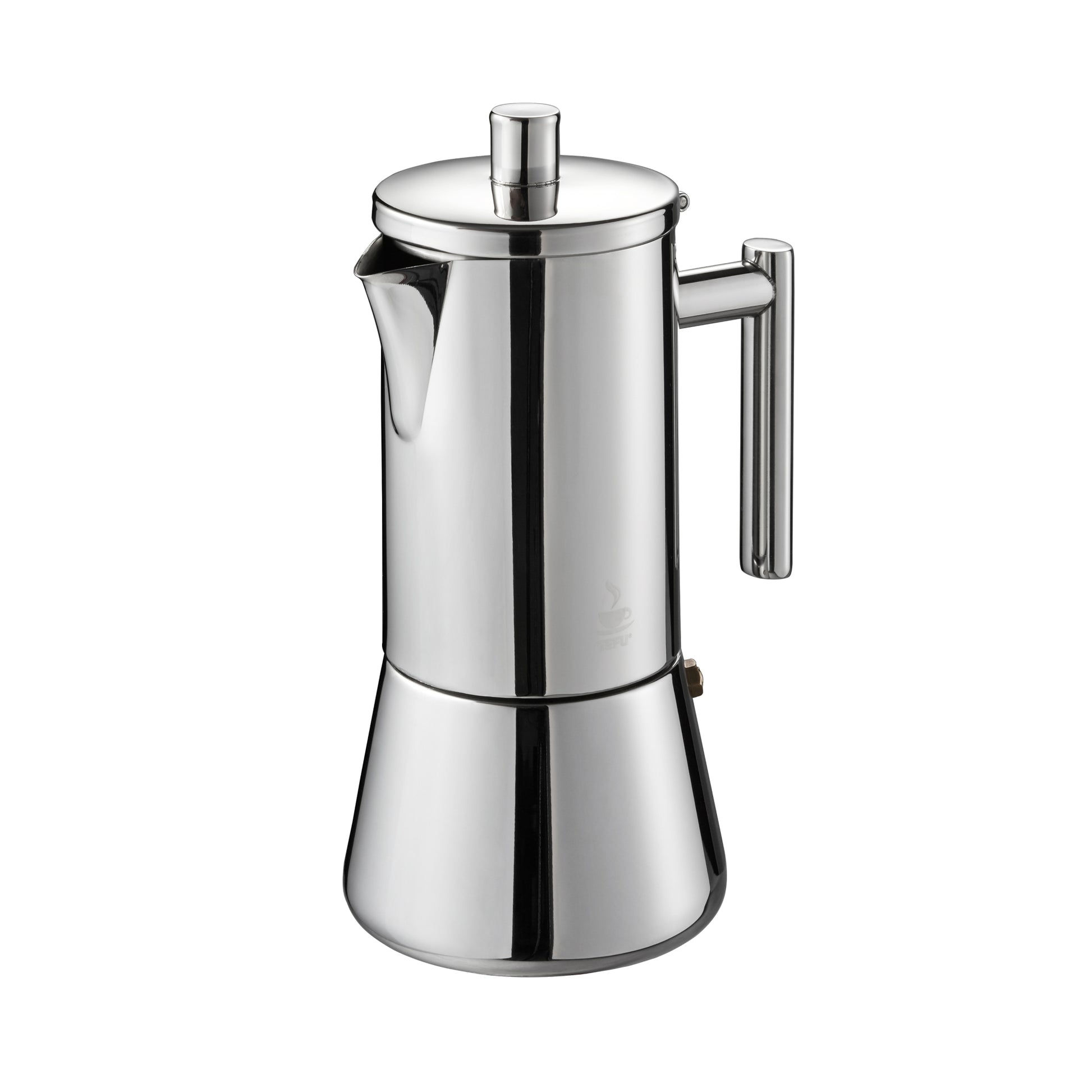 Stainless steel stovetop espresso maker with spout, side handle, and central steam knob