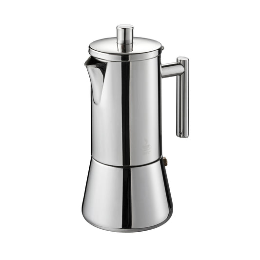Stainless steel stovetop espresso maker with spout, side handle, and central steam knob