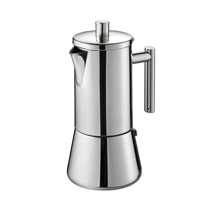Stainless steel stovetop espresso maker in three-quarter view with side handle and top knob