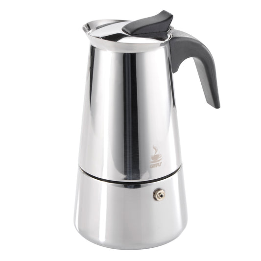 Stainless steel espresso maker with black handle and lid, front steam-release valve