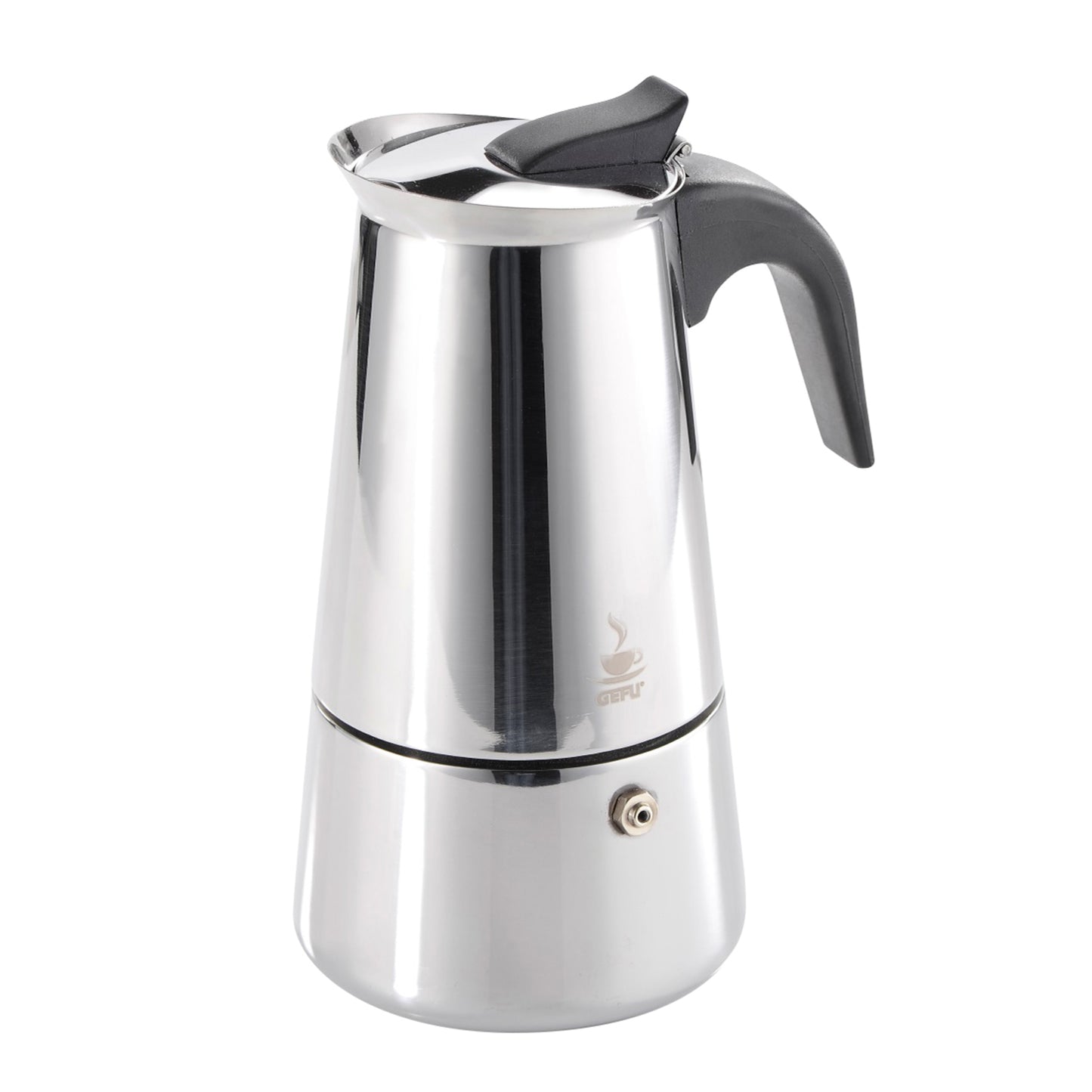 Espresso maker with stainless steel body and black side handle, domed lid