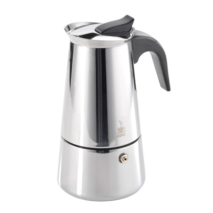 Espresso maker with stainless steel body and black side handle, domed lid