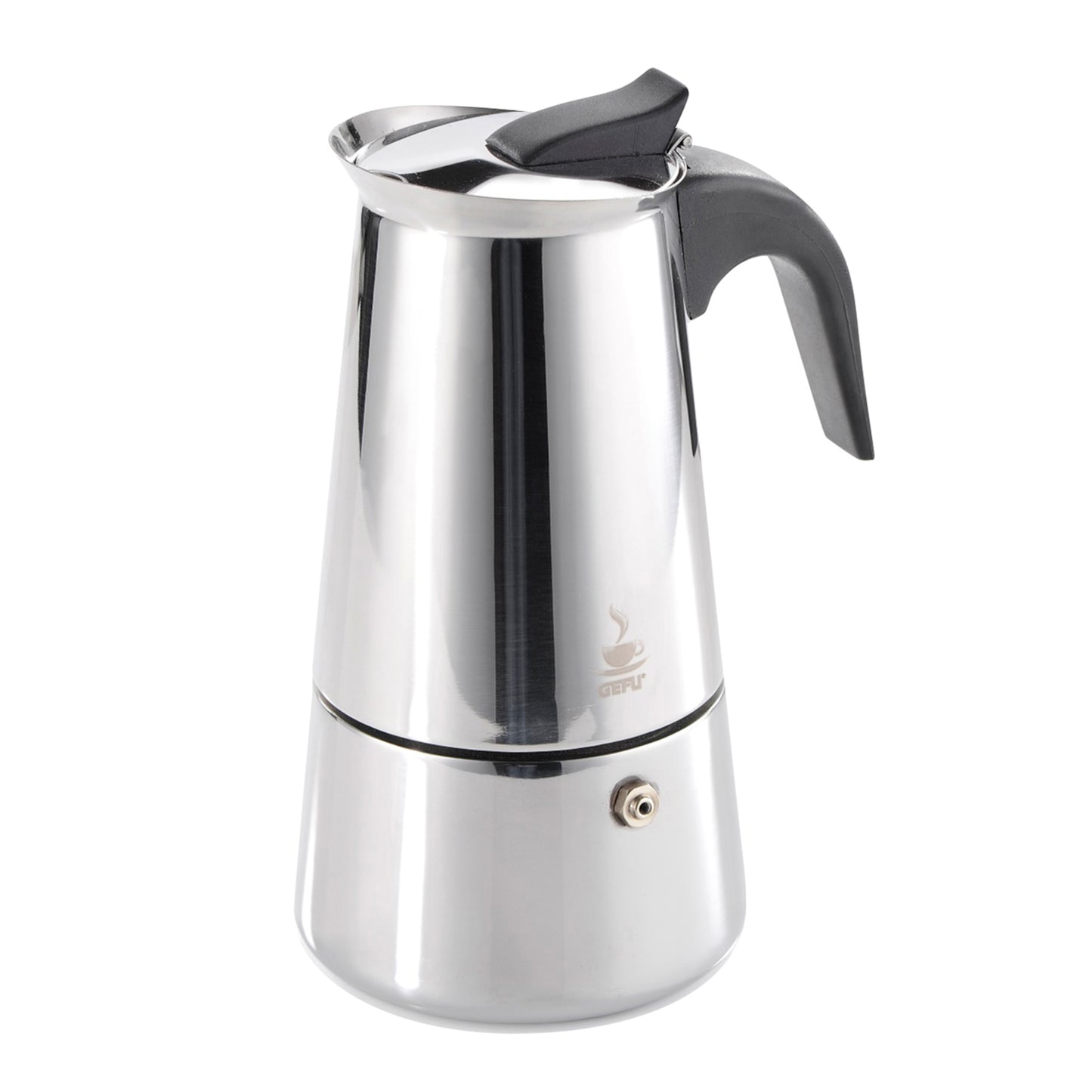 Stainless espresso maker with black handle and base control knob