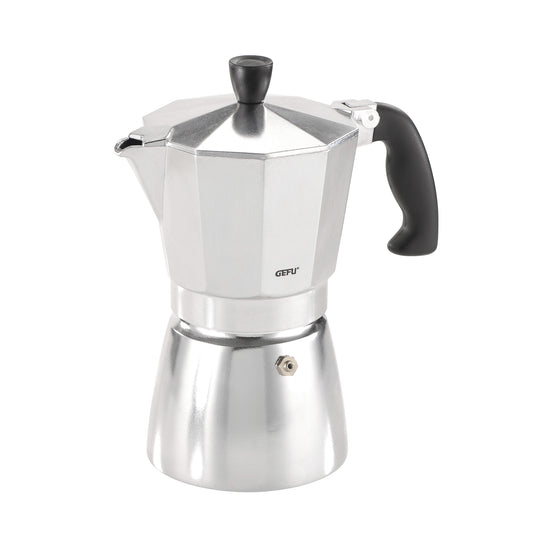 GEFU stovetop espresso maker in polished stainless steel with black handle and top knob