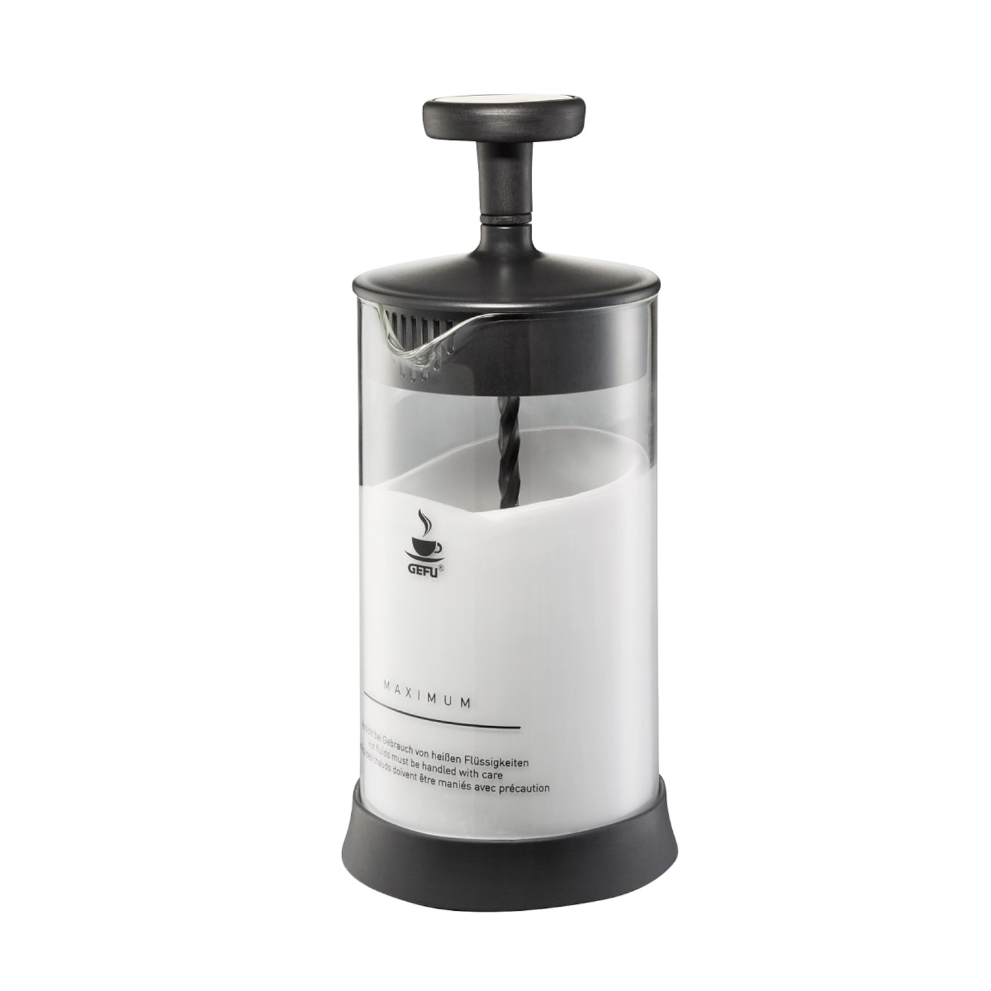 Stainless steel milk frother with black base and whisk top