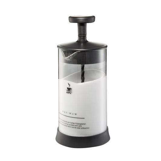 Stainless steel milk frother with black base and whisk top