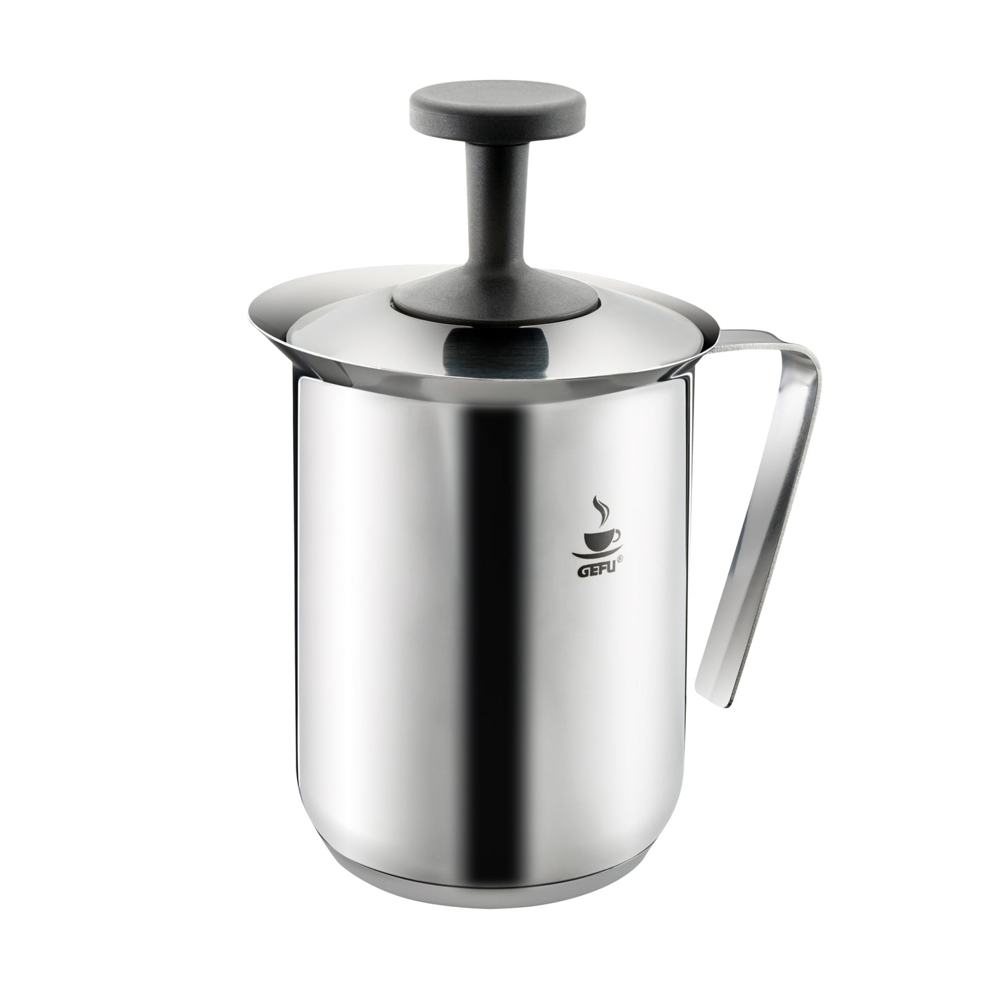 RICCARDO milk frother pitcher with black lid, stainless steel, GEfU logo