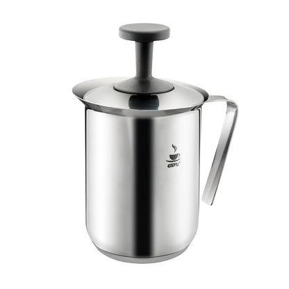 RICCARDO milk frother pitcher with black lid, stainless steel, GEfU logo
