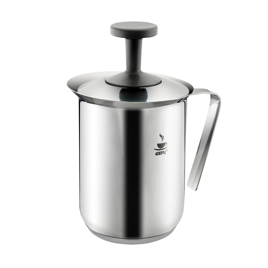 RICCARDO milk frother pitcher with black lid, stainless steel, GEfU logo