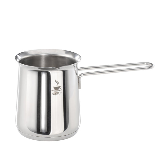 Stainless-steel frothing jug with pouring spout, loop handle, and GEFU logo