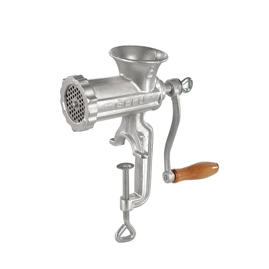 TRICA meat mincer with silver metal body and wooden hand crank handle