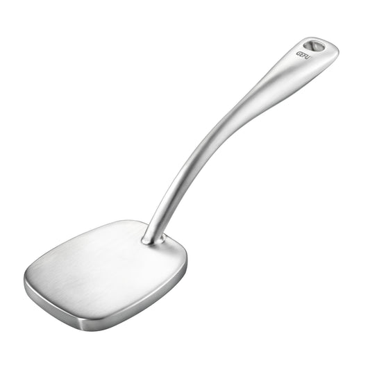 Stainless steel meat pounder with long curved handle and flat oval base