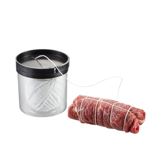 Clear cord dispenser with black top, holding white twine and a tied bundle