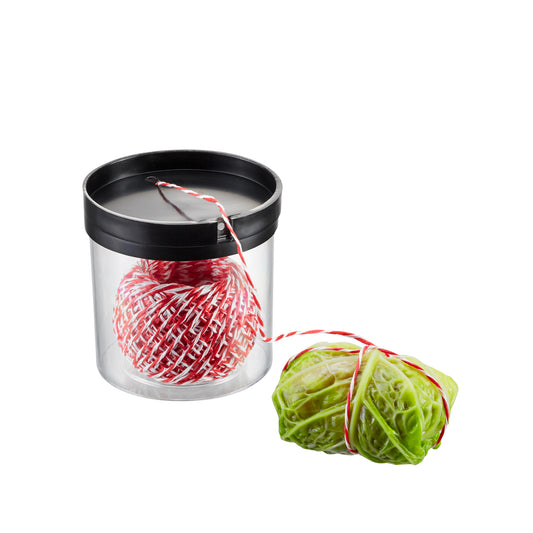 Metal cord dispenser with black lid holding red butcher's twine spool