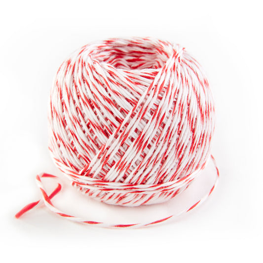 Spool of butcher's twine with white and red twisted strands