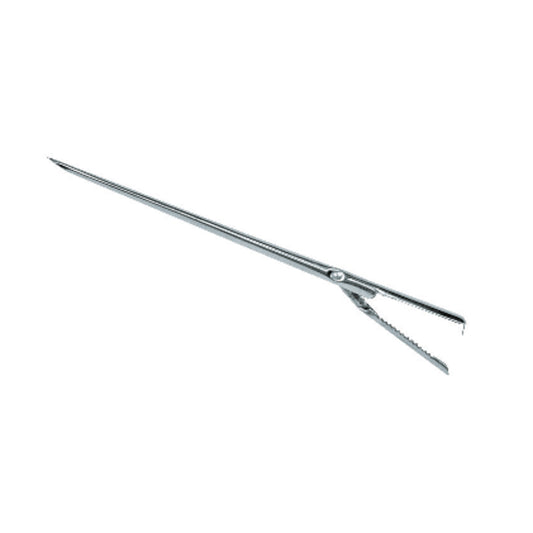 Larding needle with forked tip and metal ring