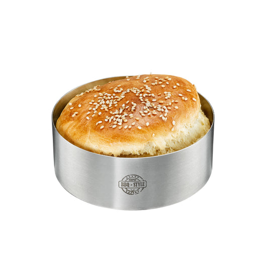 Round stainless steel BBQ burger ring mould with logo, holds burger buns.