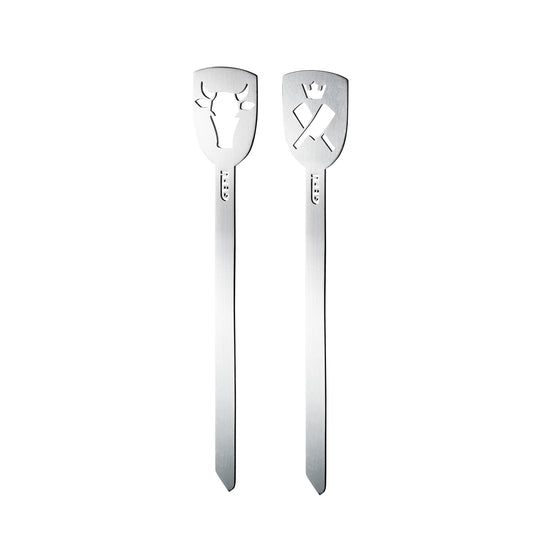 TORRO hamburger skewers, pair of stainless steel skewers with shield emblems
