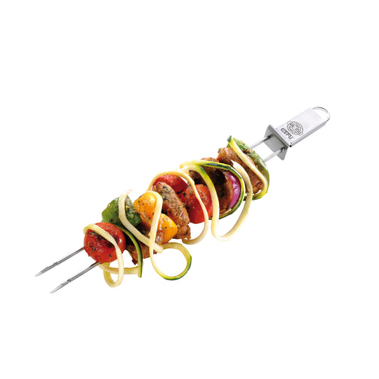 Metal barbecue skewers with hinged prongs and clip handles