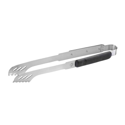 Stainless steel barbecue tongs with black handle and serrated gripping ends
