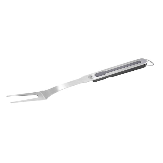 Stainless BBQ fork with long two-prong head and dark grip handle