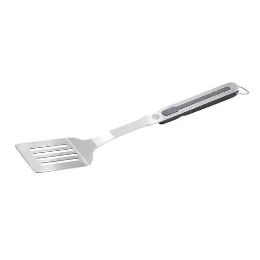 Barbecue spatula with slotted metal head and dark handle, hanging loop