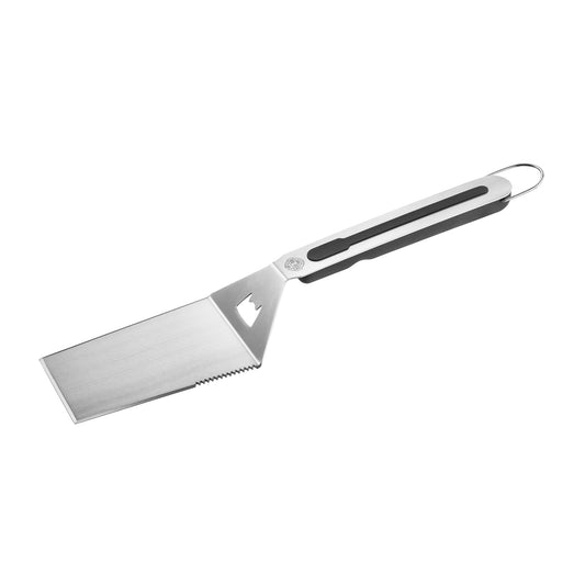 Stainless steel BBQ turner with hanging loop and slotted handle
