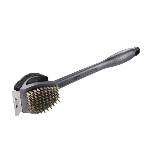 Handheld BBQ grill brush with brass bristles and scraper on textured handle