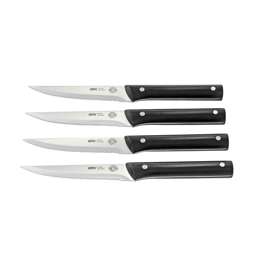 BBQ steak knife set with black handles and serrated silver blades