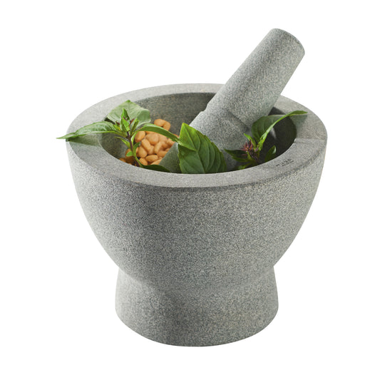 Gray granite mortar with pestle, coarse-textured bowl