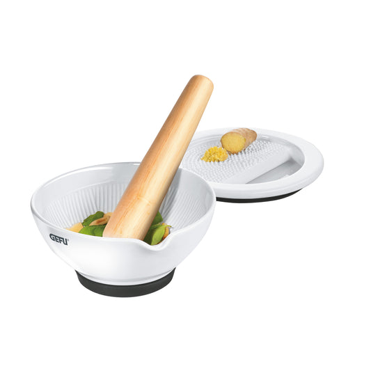 SURI porcelain mortar with wooden pestle and grater insert, white