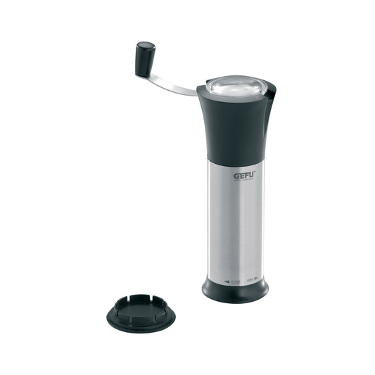 Nutmeg spice mill with black top and silver body; base cap included, GEFU logo
