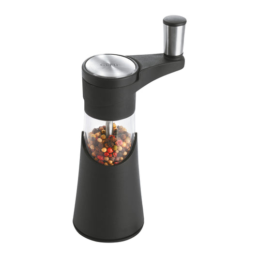 AROMATICO spice mill with black body, stainless top, and clear spice hopper