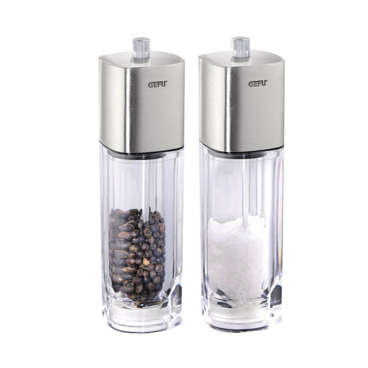 Salt and pepper mill set with stainless tops and clear acrylic bodies, GEFU