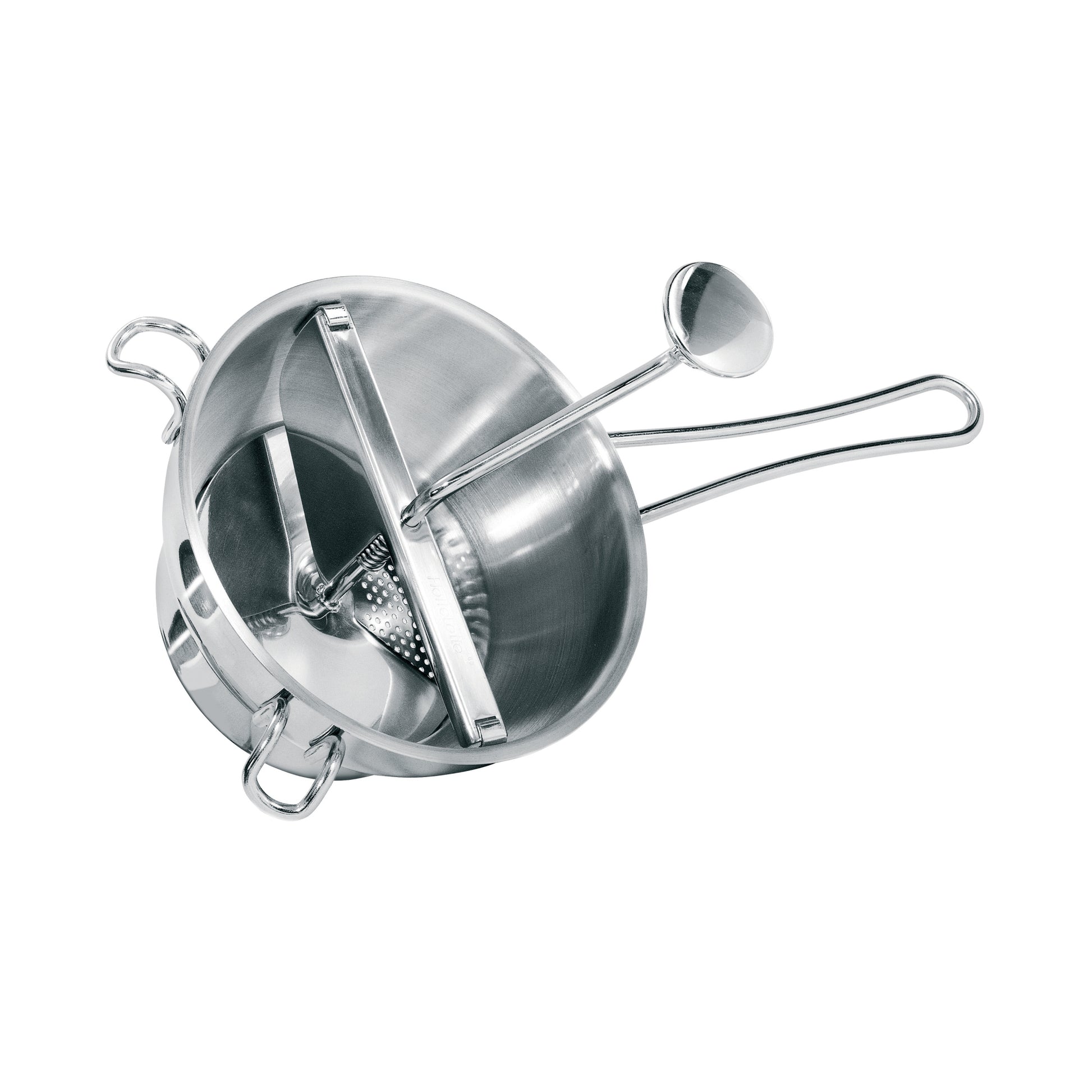 Stainless steel food mill with bowl and hand crank handles