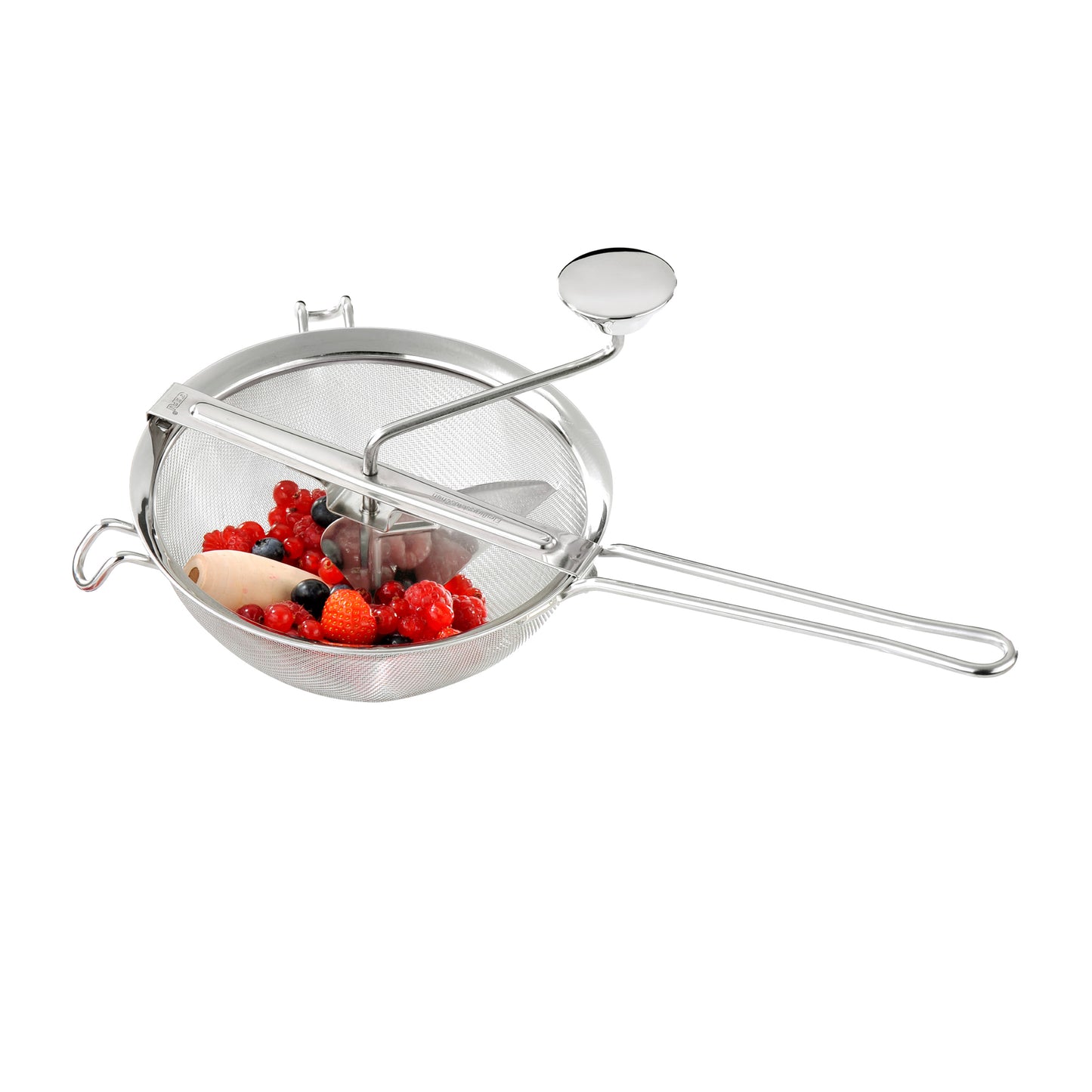 Stainless-steel strainer press with fine mesh and long handle, bowl for berries