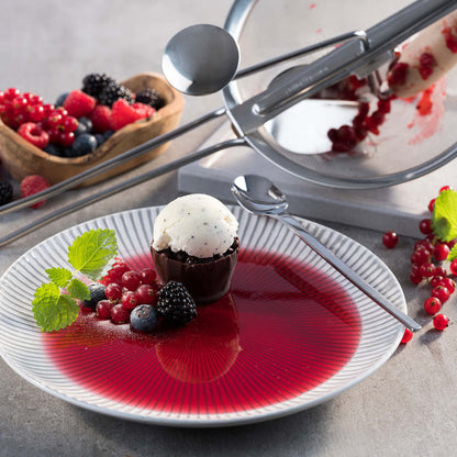 Stainless-steel strainer press attachment with mesh, positioned over a berry-covered plate