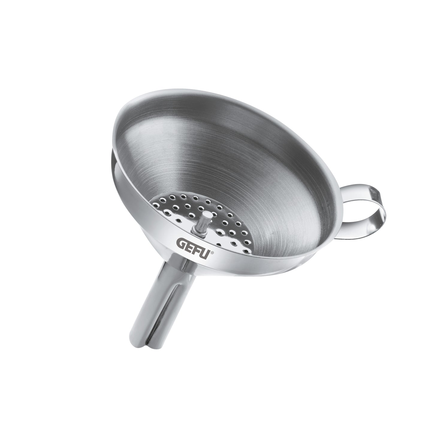 Stainless steel filling funnel with perforated strainer insert and side handle