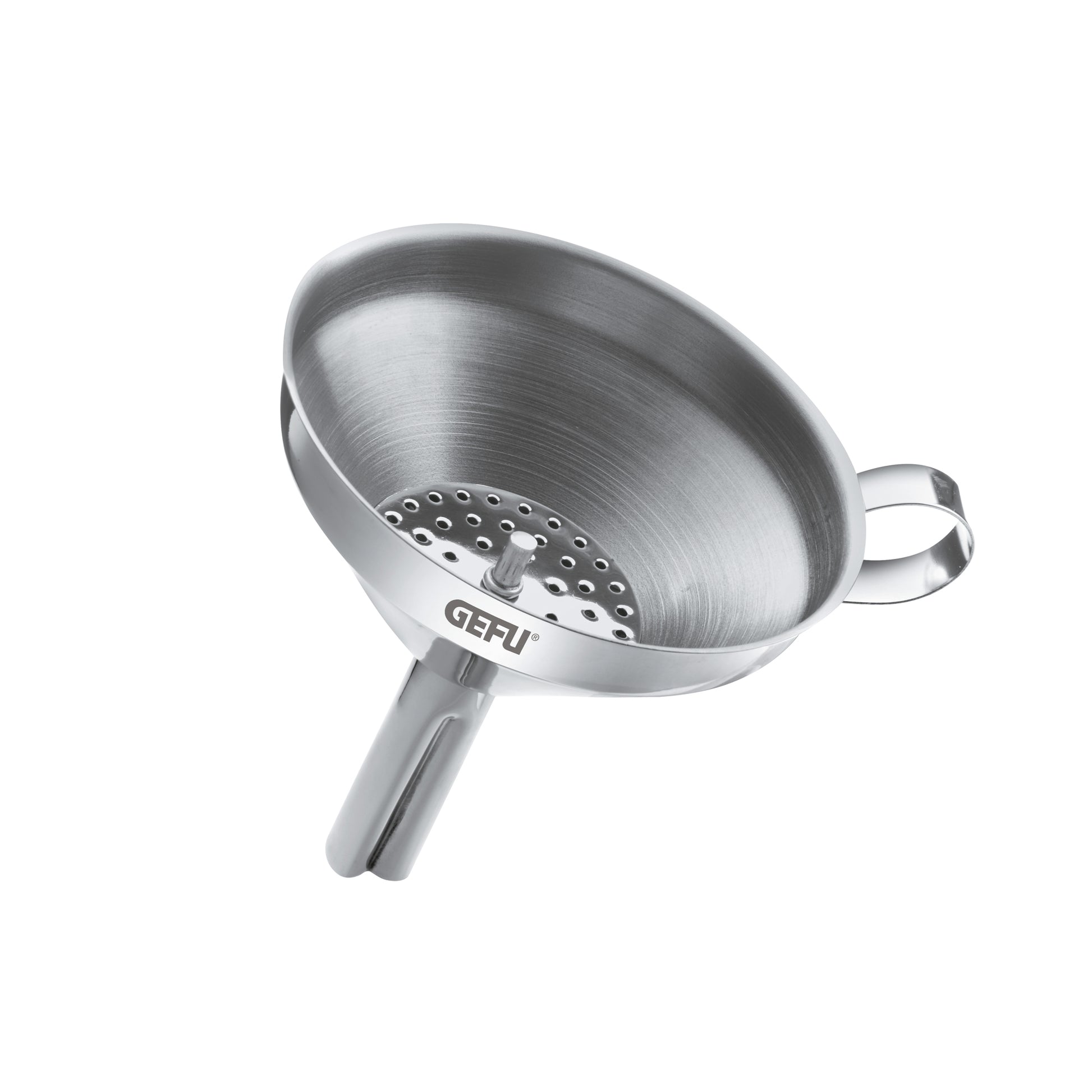 Stainless steel filling funnel with perforated strainer insert and side handle