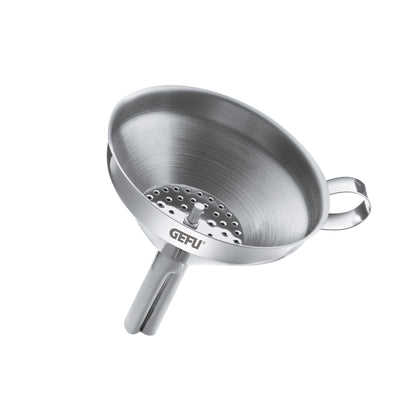 Stainless steel filling funnel with perforated strainer insert and side handle
