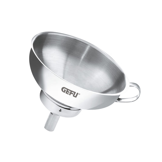 Stainless steel bottling funnel with loop handle and wide mouth for filling