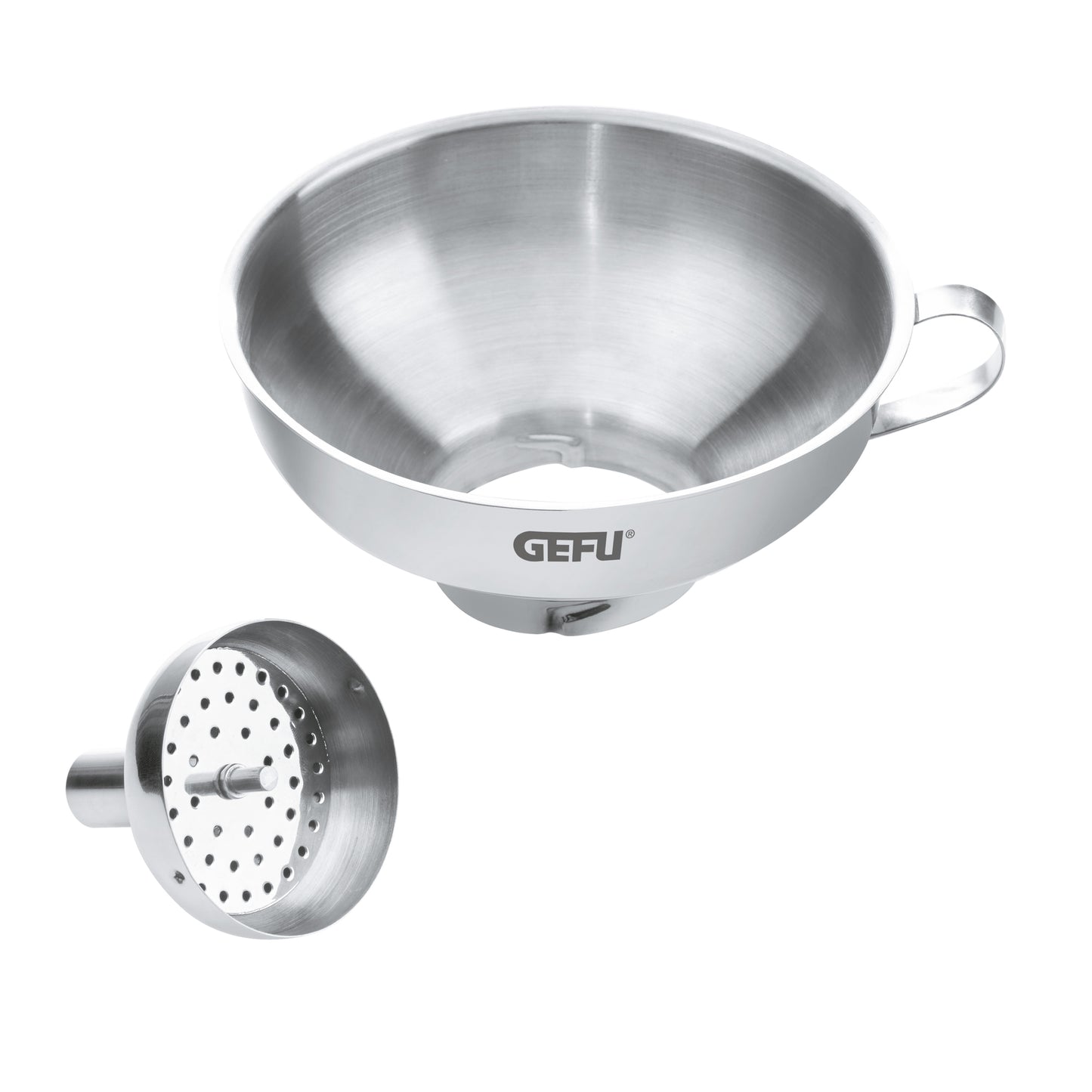 Stainless steel bottling funnel with detachable perforated insert and loop handle