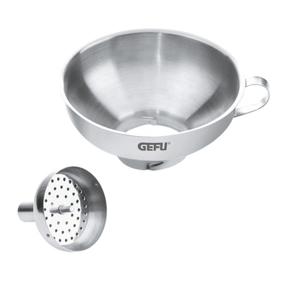 Stainless steel bottling funnel with detachable perforated insert and loop handle