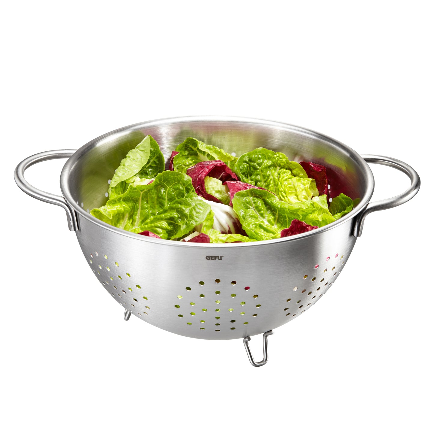 COLINO Stainer stainless-steel perforated colander with handles, filled with leafy greens