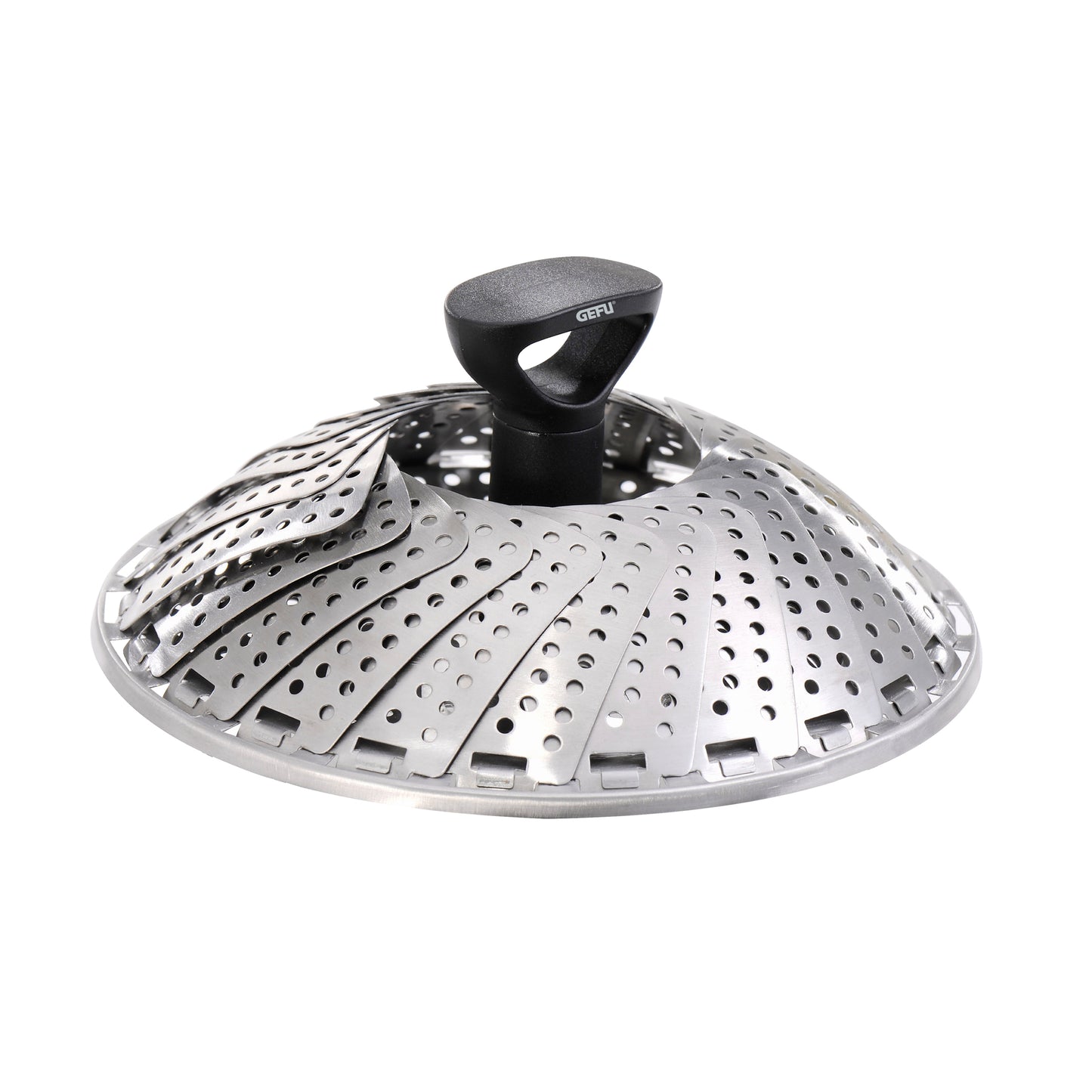 Metal steam insert with perforated plate and black lifting knob