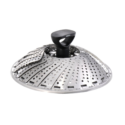 Metal steam insert with perforated plate and black lifting knob