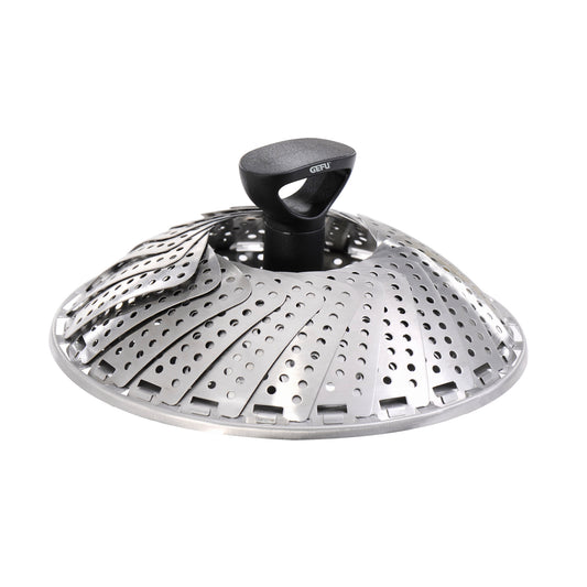 Metal steam insert with perforated plate and black lifting knob