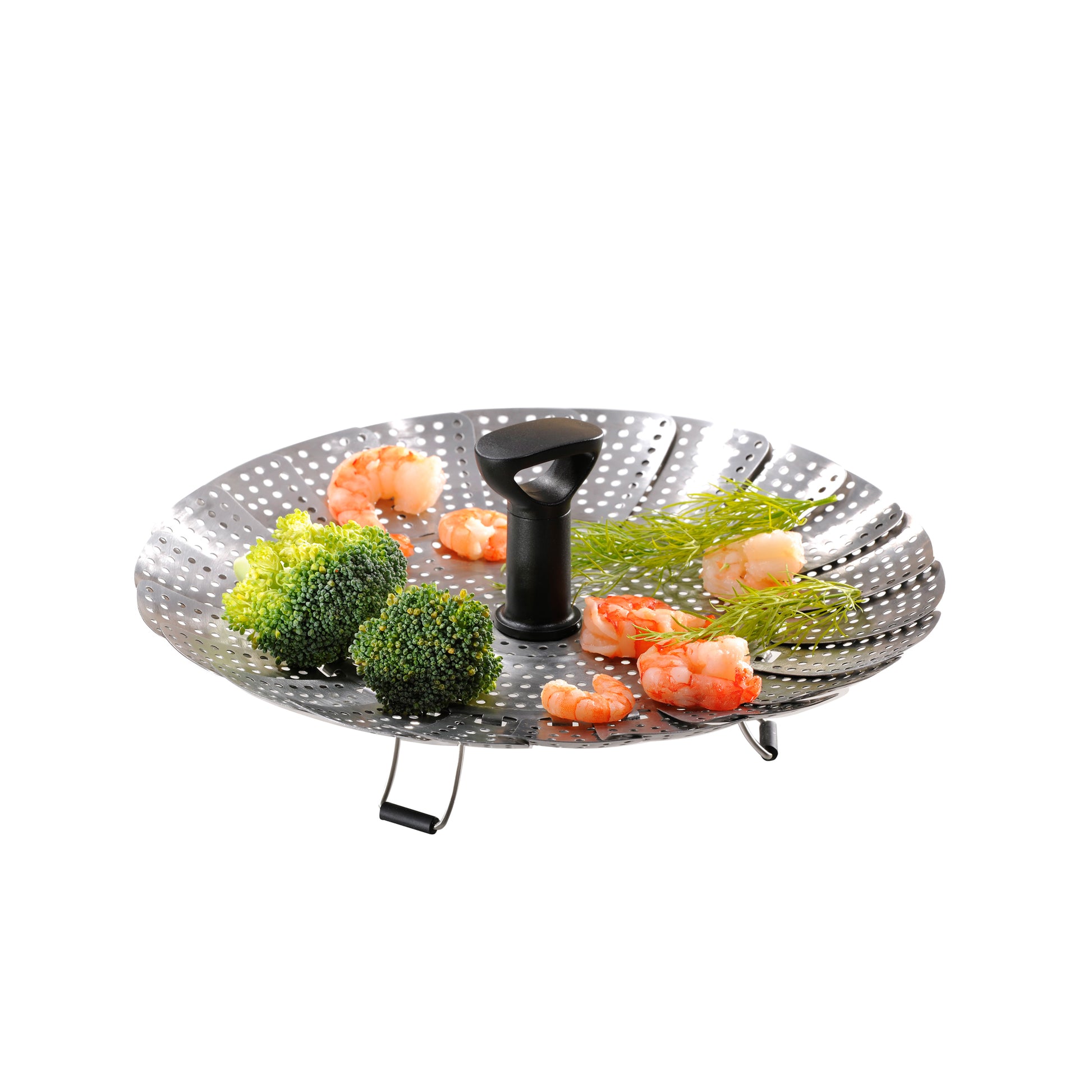 Perforated metal steam insert with black knob, holding vegetables