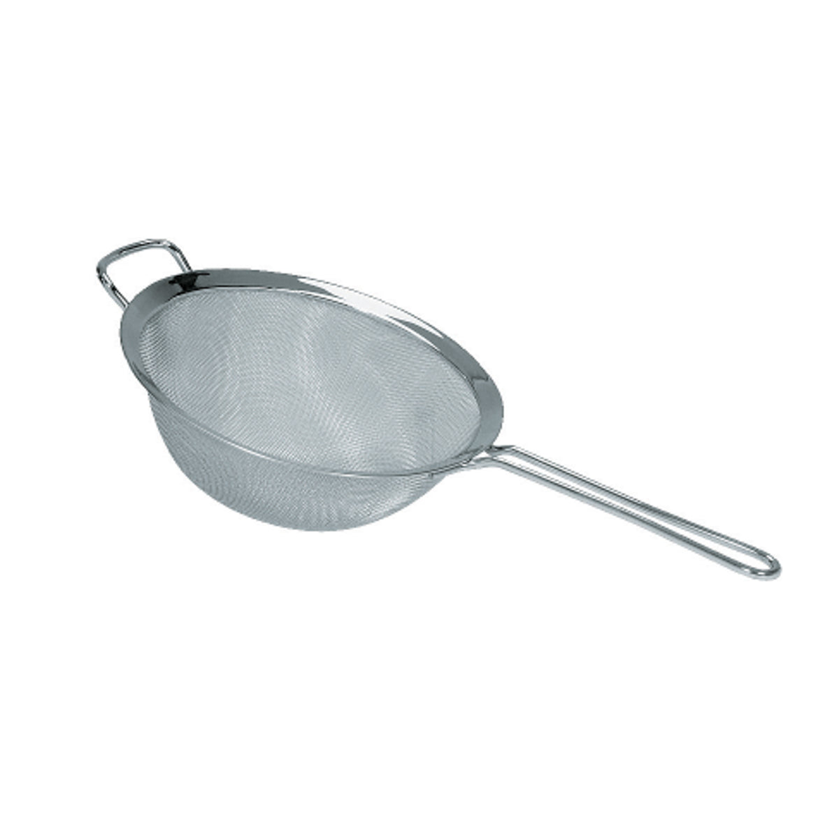 Tea sieve with wide mesh bowl and curved handle, stainless steel